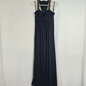 Betsy Adam Embellished Halter Gown In Black And Gold - Size 6
